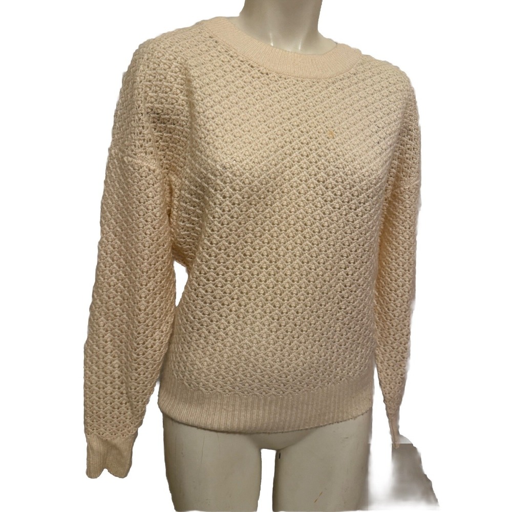 $345‎ JOIE Cream Ivory Wool Cashmere Knit Pointelle Drop Shoulder Sweater S